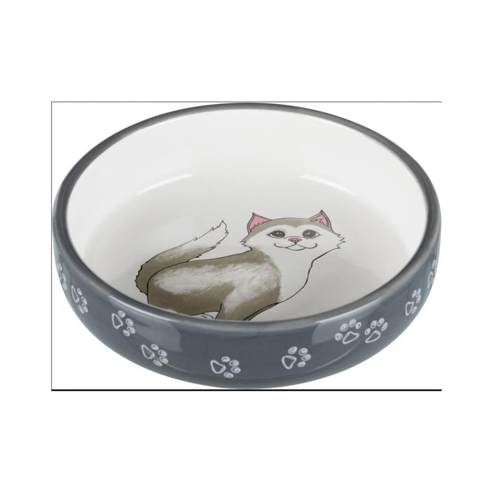 Bowl flat cat/paws cer.0.3 l/15cm grey