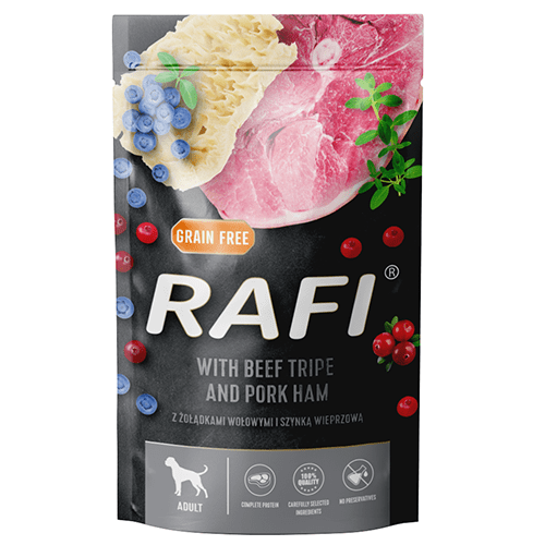 Rafi Dog – Paté með skinku, nautavömbum, bláberjum og trönuberjum 500 g