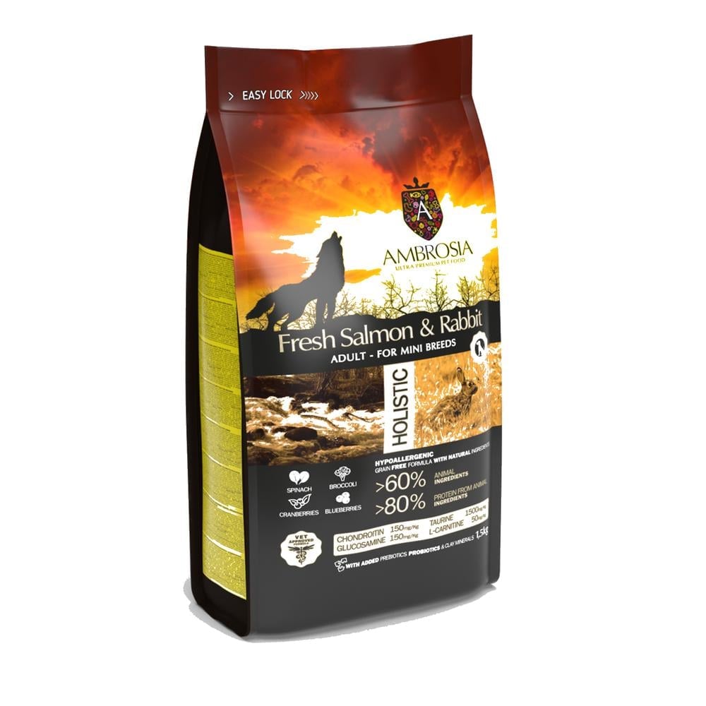 Ambrosia Classic Smáhundafóður Adult Sensitive – Ferskur Lax & Kanína 5Kg