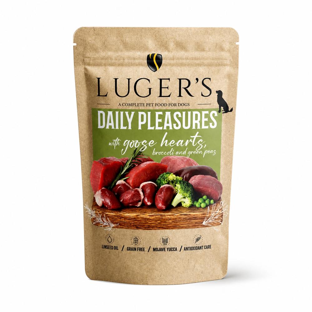 Luger’s Dog Daily Pleasures – Gæsahjörtu, Brokkólí og Grænar Baunir 500g