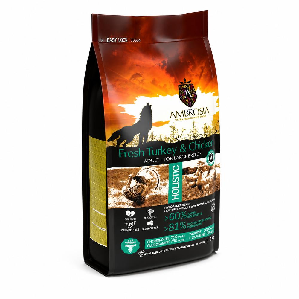 Ambrosia Classic hundafóður Adult Large Breeds – ferskur kalkúnn og kjúklingur, 12 kg