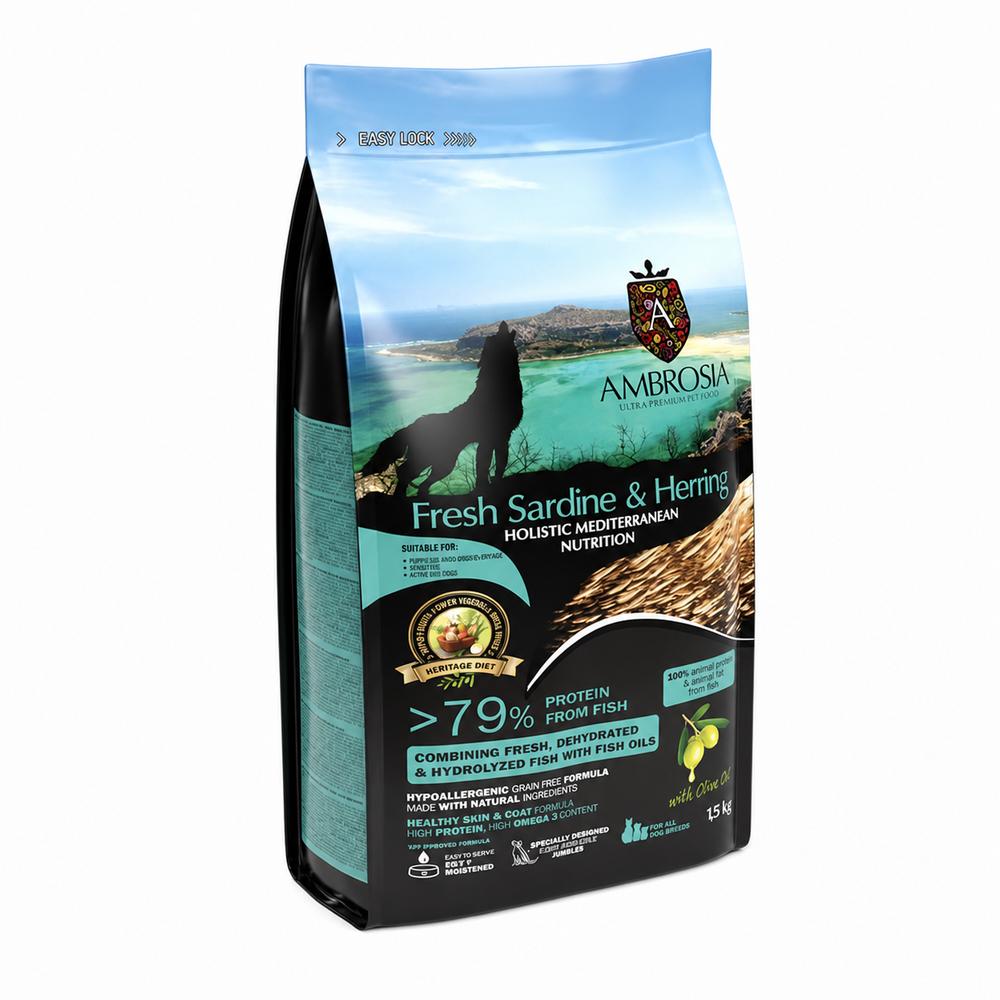 Ambrosia Mediterranean Hvolpafóður – Fersk Sardína & Síld 100g