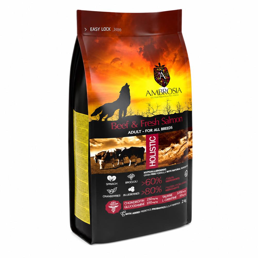 Ambrosia Classic hundafóður Adult – naut og ferskur lax, 2 kg