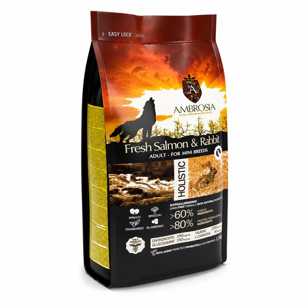 Ambrosia Classic smáhundafóður Adult Sensitive – ferskur lax og kanína, 5 kg
