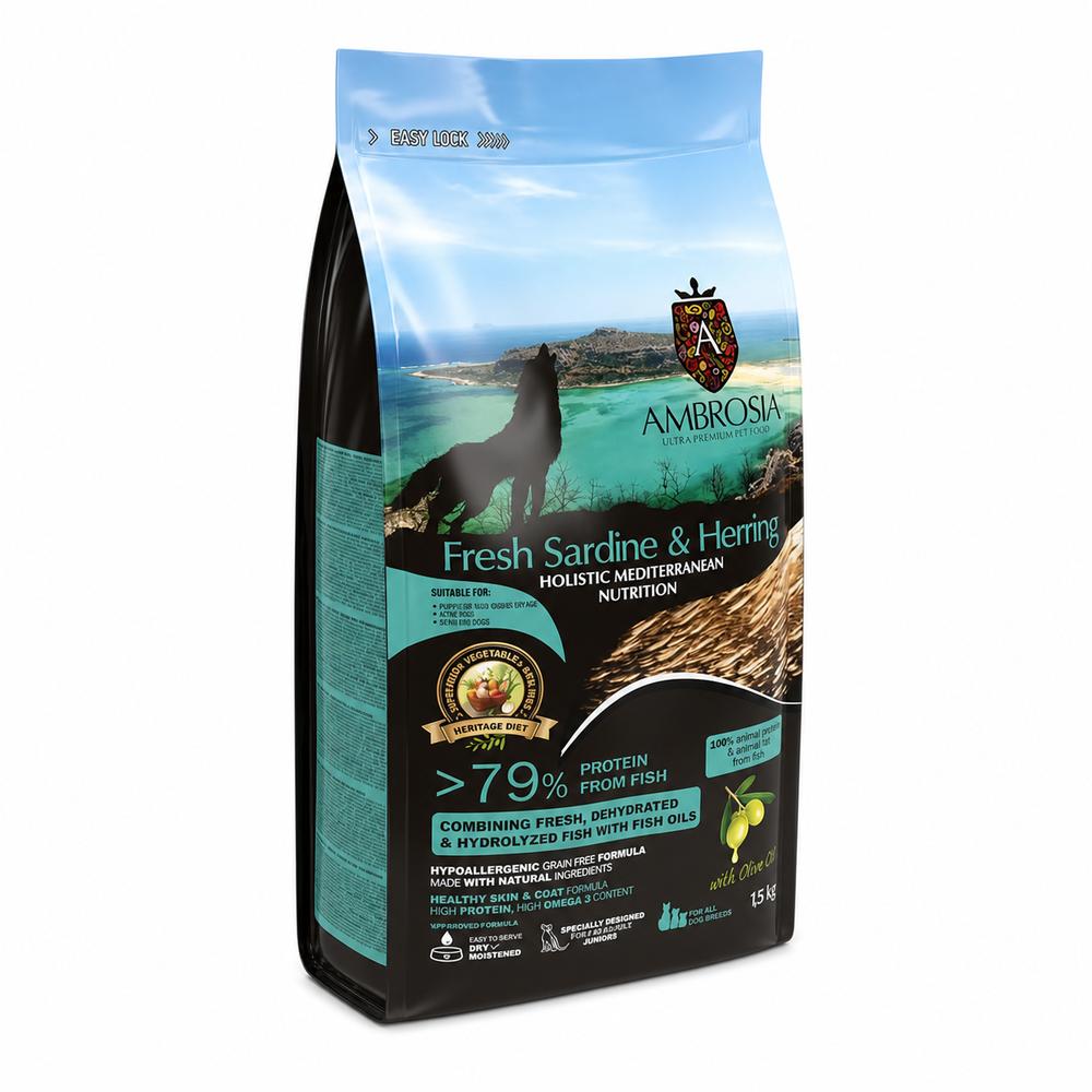 Ambrosia Mediterranean Hvolpafóður – Fersk Sardína & Síld 1.5Kg