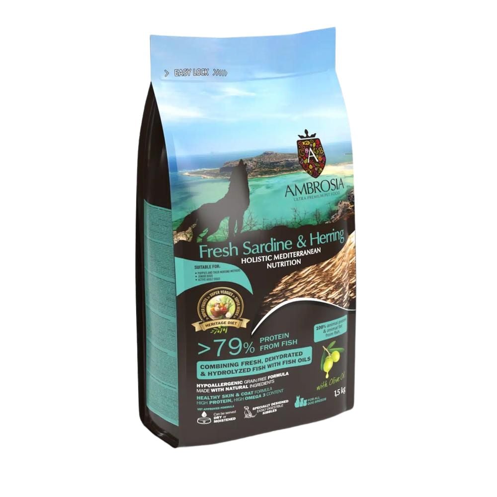 Ambrosia Mediterranean Hvolpafóður – Fersk Sardína & Síld 1.5Kg