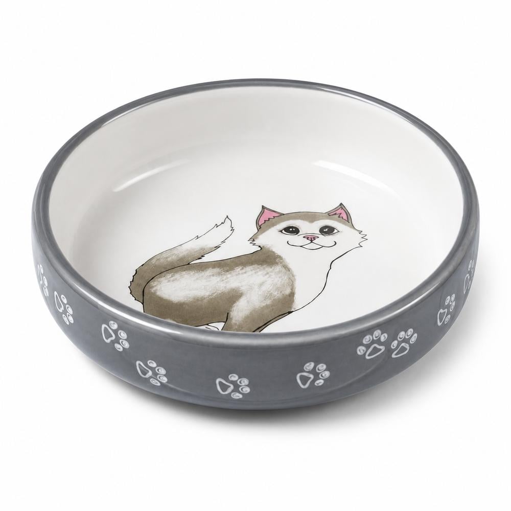 Bowl flat cat/paws cer.0.3 l/15cm grey