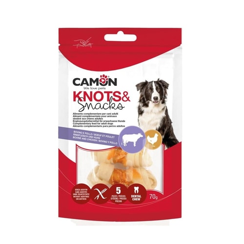 Knotted bovine hide bones with chicken – 6cm – 80g – 5pcs