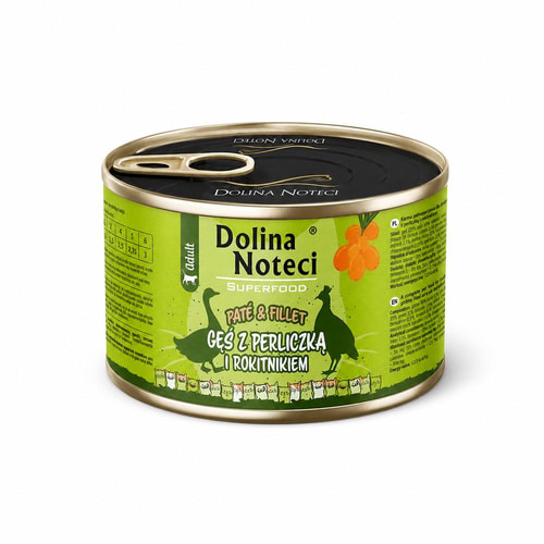 Dolina Noteci Pate & Fillet blautmatur fyrir ketti – gæs, perluhæna og hafþyrnir, 185 g