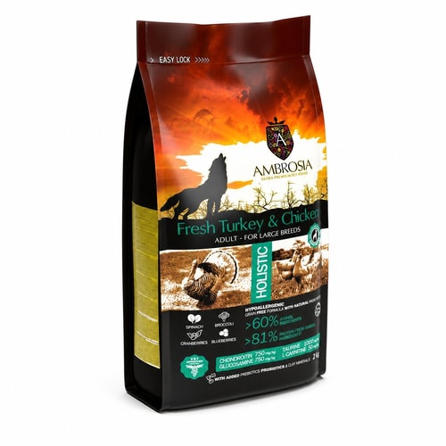 Ambrosia Classic hundafóður Adult Large Breeds – ferskur kalkúnn og kjúklingur, 12 kg