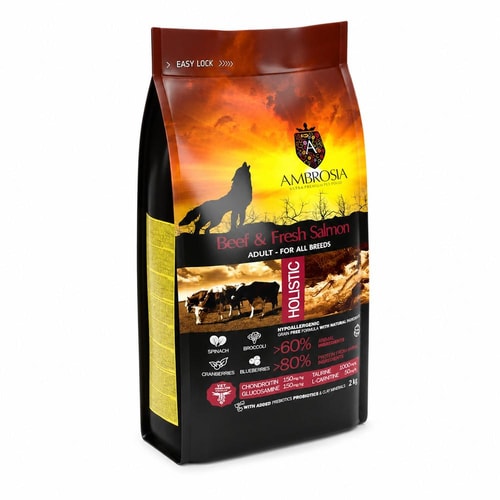 Ambrosia Classic hundafóður Adult – naut og ferskur lax, 100 g (prufa)